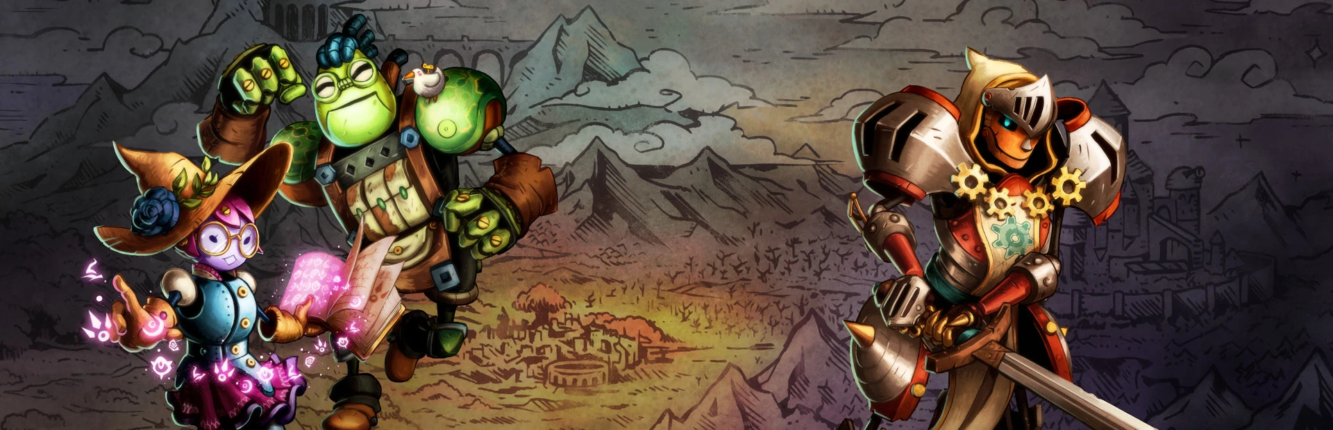 Una robot con sombrero de bruja lanza magia rosa desde un libro junto a un robot verde con un pájaro al hombro y una caballera robot, sobre un mapa