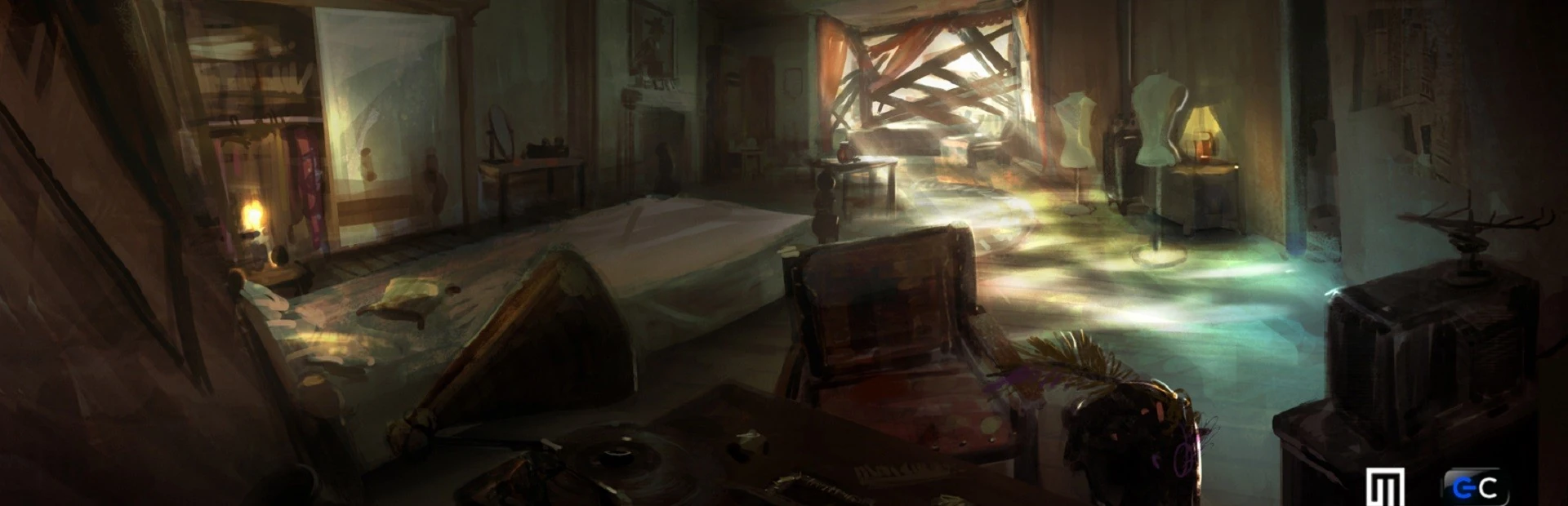 Ilustración de un dormitorio en penumbra con una cama, un sillón, maniquíes y una ventana tapiada con tablones por la que entra luz
