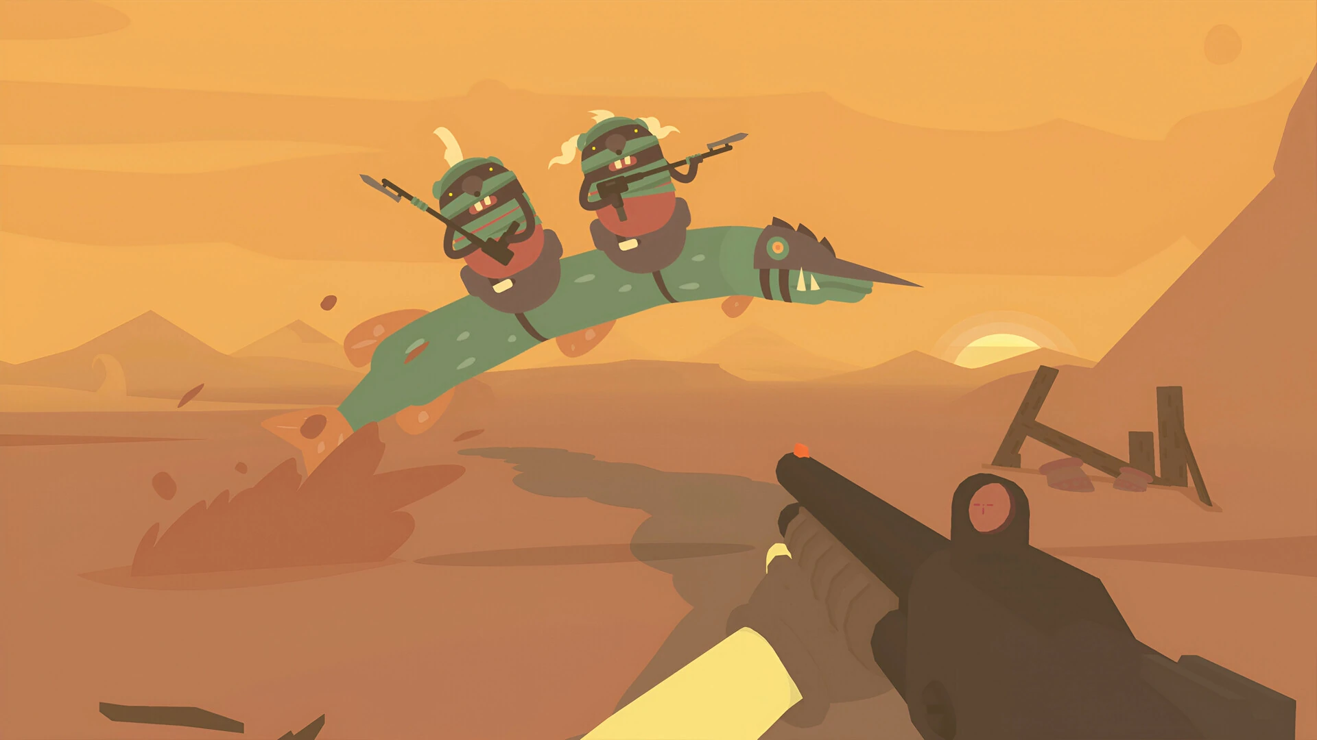 En un desierto anaranjado al atardecer, dos criaturas con fusil saltan montadas en un pez gigante verde hacia el jugador, que les apunta con una escopeta