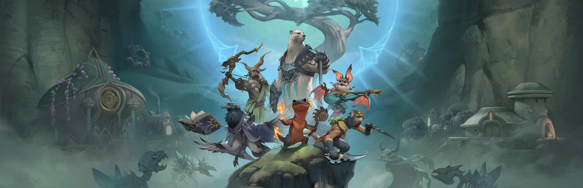 Los héroes animales de Sunderfolk, con armas y libros de hechizos, sobre una roca en un valle neblinoso con casas y monstruos al fondo