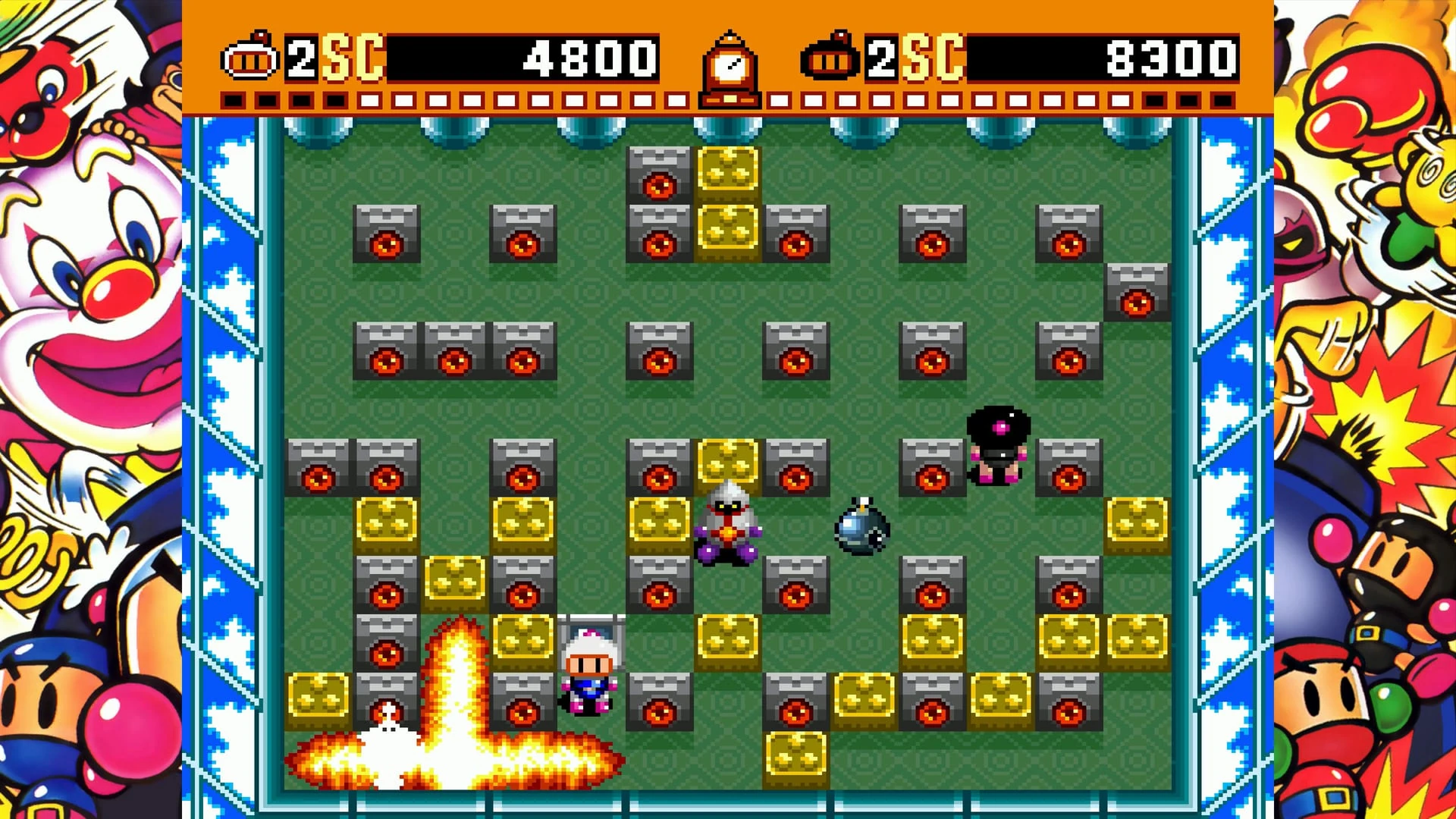Primer Super Bomberman: Bomberman blanco junto a una explosión en cruz, en un tablero verde de bloques grises y dorados