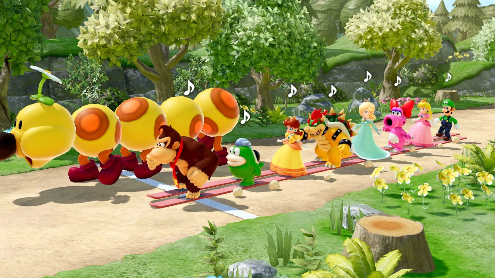 Minijuego de Super Mario Party Jamboree con varios personajes en un tablero de fiesta
