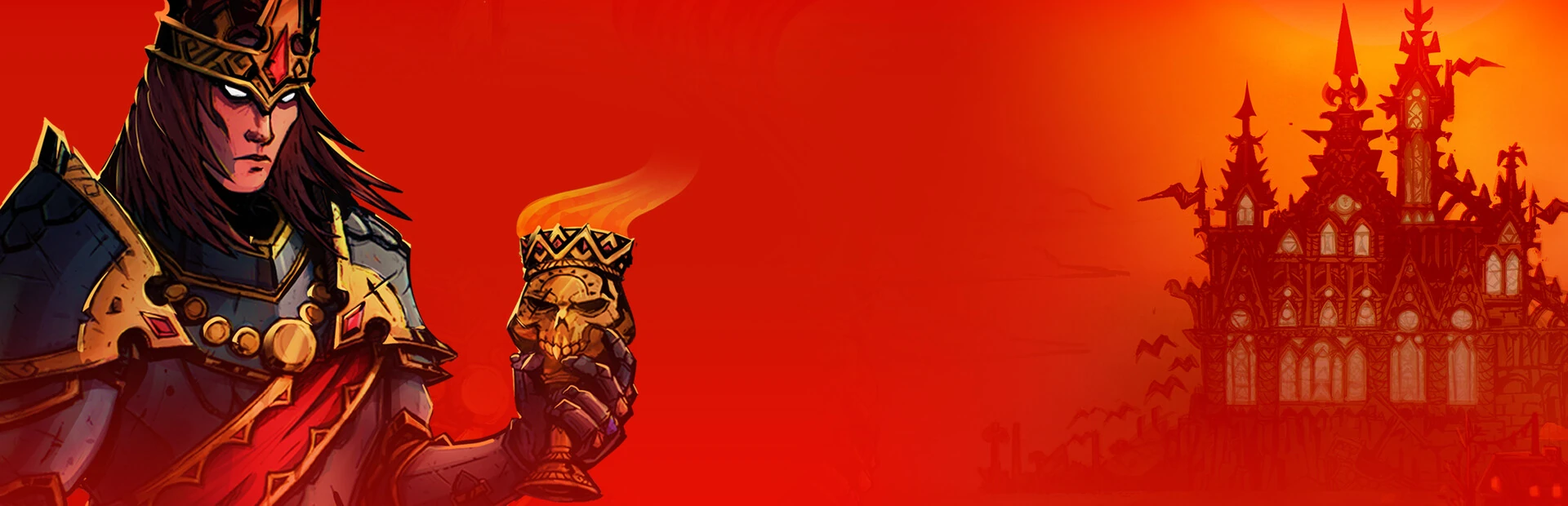 Ilustración sobre fondo rojo: el rey Arturo coronado, con una copa en la mano, y la silueta de Camelot a la derecha