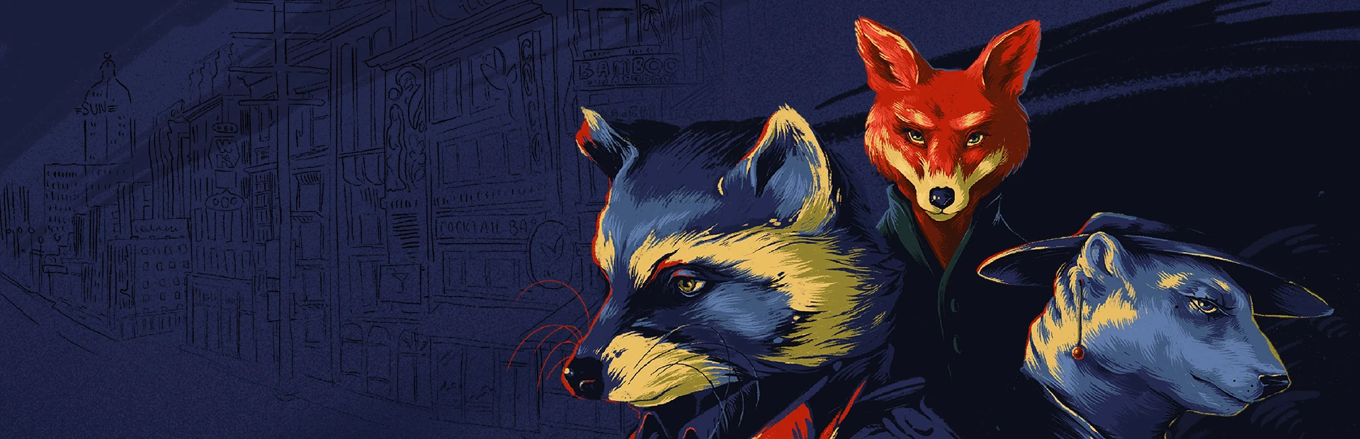 Ilustración en azul oscuro: las cabezas de un mapache, un zorro rojo y un animal de hocico claro con sombrero sobre un dibujo a línea de una calle de la ciudad