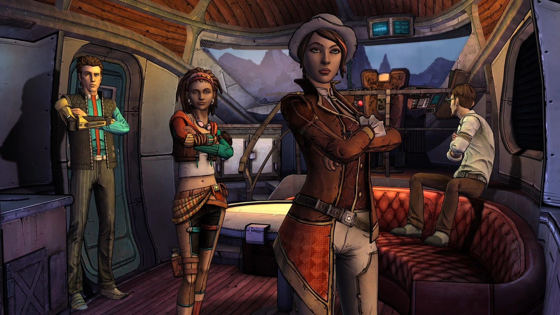 Rhys, Sasha, Fiona y Vaughn dentro de una caravana, con las montañas de Pandora al fondo por la ventana