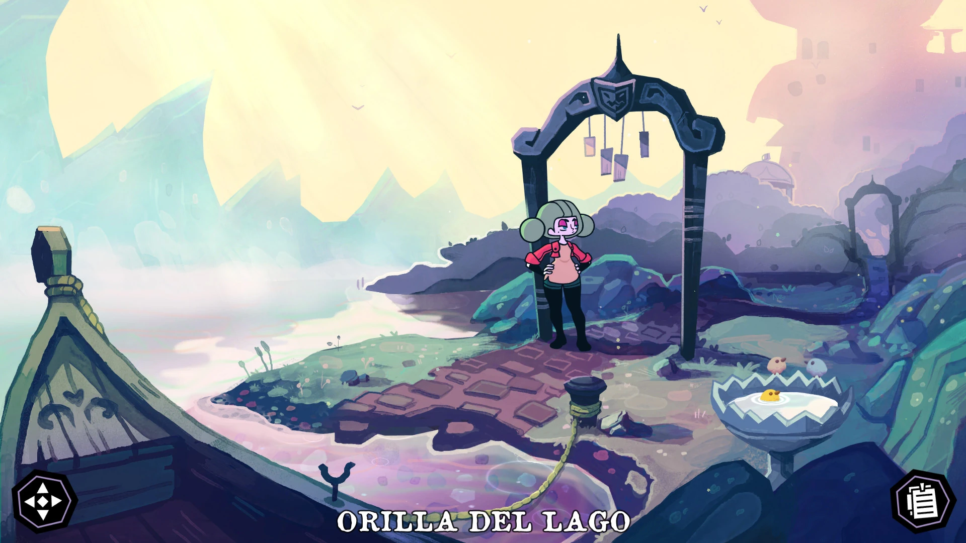 Sally, de pie bajo un arco de piedra junto a un lago brumoso en tonos rosas y azules; en primer plano, la proa de una barca