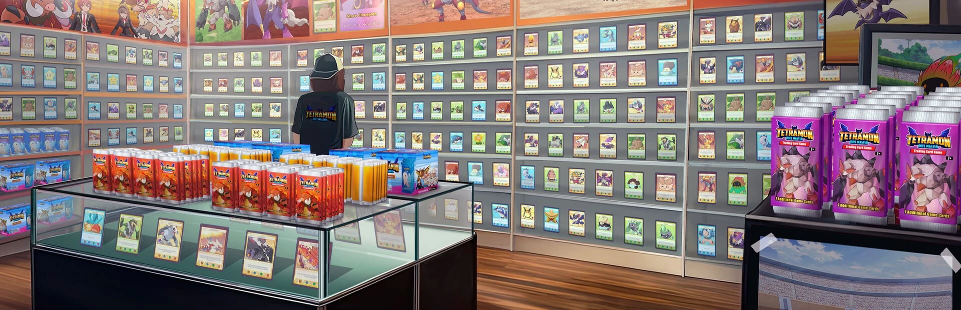 Arte oficial: el interior de una tienda con las paredes cubiertas de cartas, vitrinas con sobres y un dependiente de espaldas