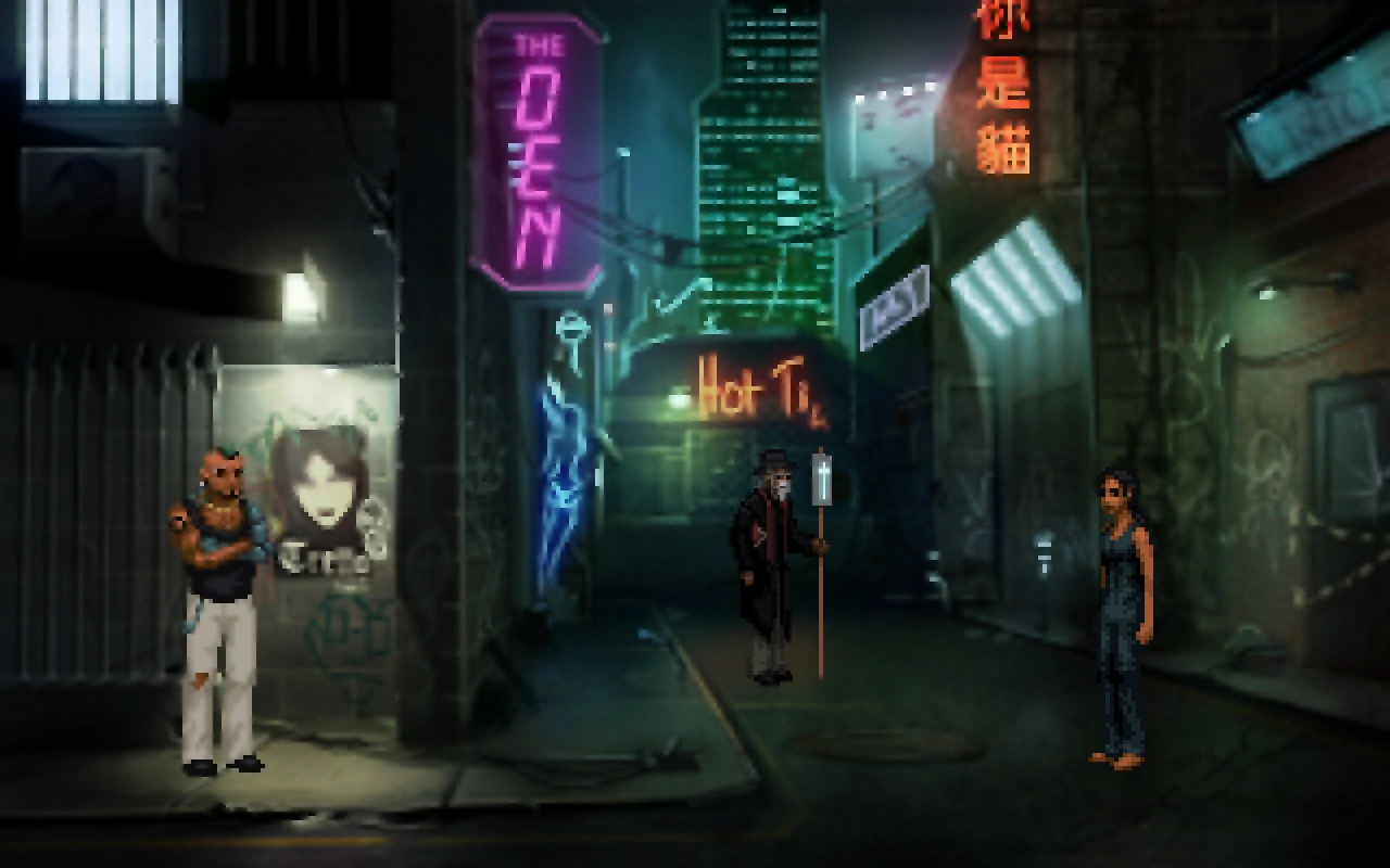 Callejón nocturno en pixel art con rótulos de neón rosa y verde, un rascacielos iluminado al fondo y tres personajes repartidos por la acera