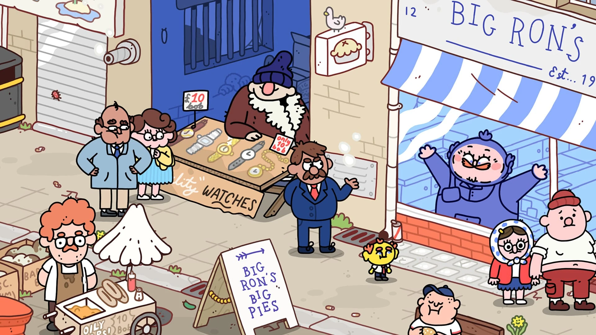 Una calle comercial vista desde arriba, con una tienda de empanadas, un puesto de relojes y vecinos dibujados charlando