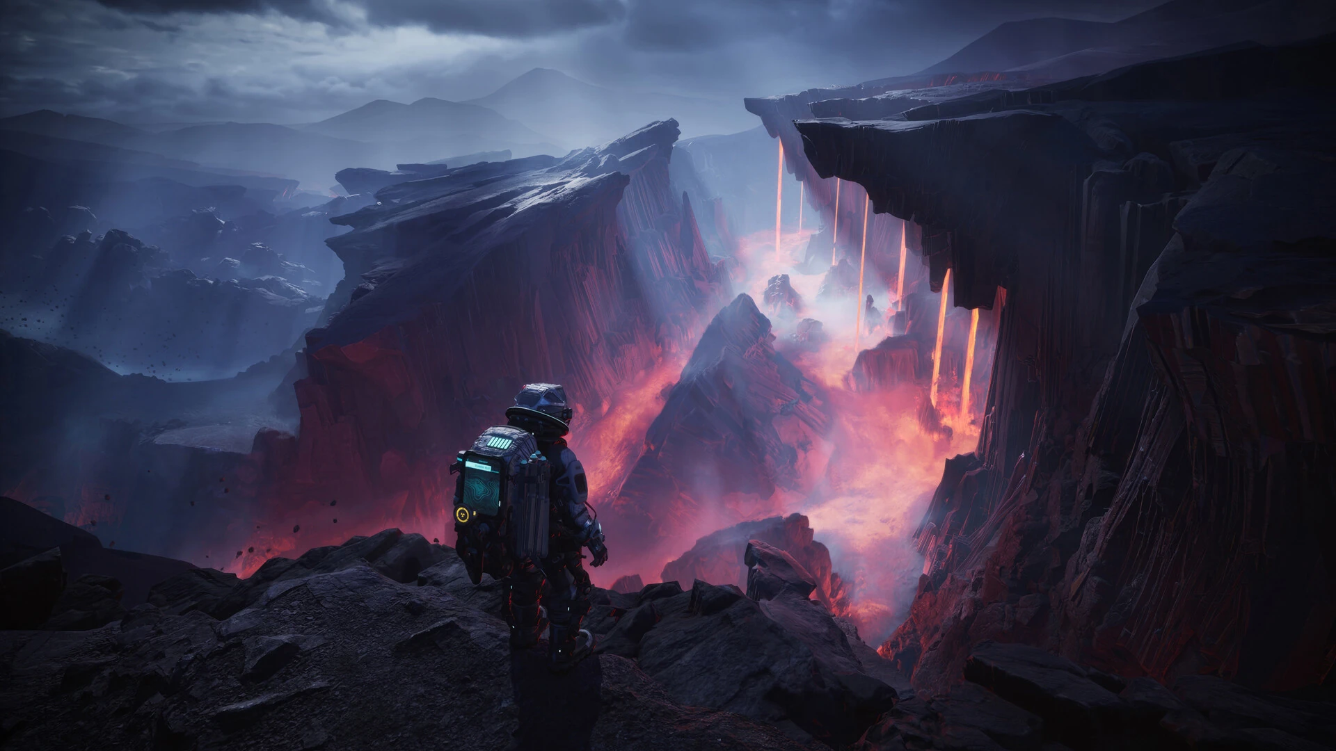 Jan, con traje espacial y mochila, de espaldas en un risco ante una pared de roca de la que caen hilos de lava bajo un cielo nublado