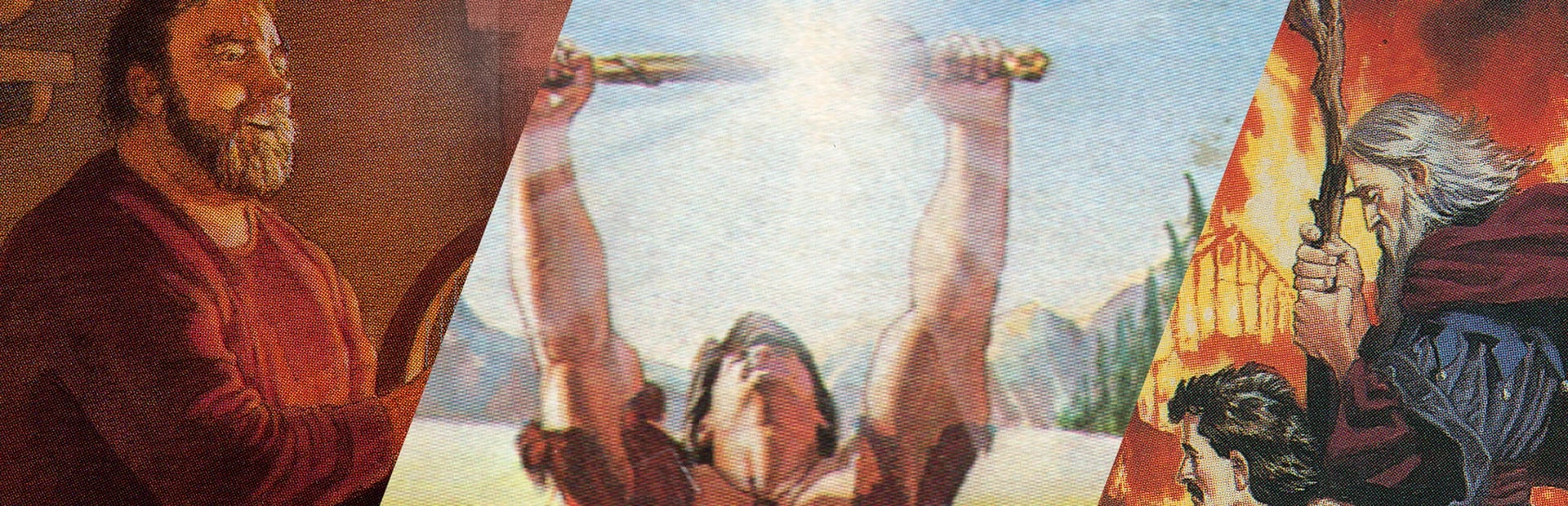 Ilustración apaisada en tres franjas: un bardo barbudo de rojo, un guerrero que levanta una espada que brilla y un mago de pelo blanco entre fuego