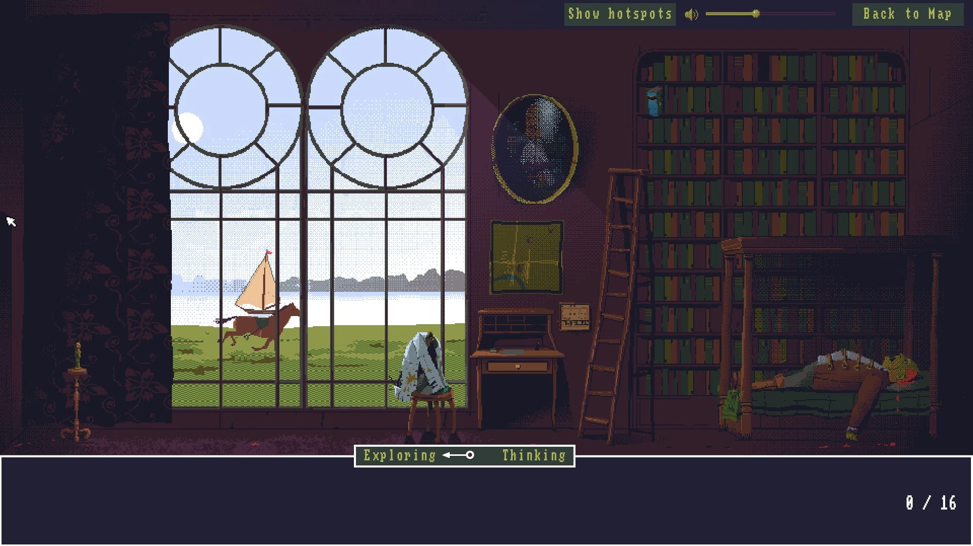 Biblioteca en pixel art con ventanales en arco sobre un prado; fuera pasa un jinete y un hombre yace inmóvil en un diván