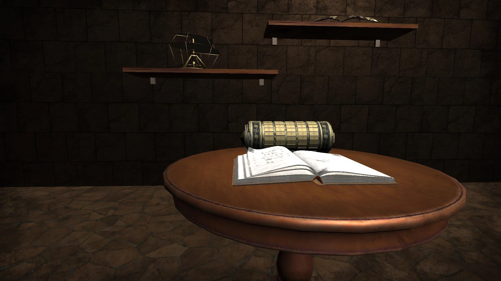 Una habitación de paredes de piedra con dos estantes; en el centro, una mesa redonda de madera con un libro abierto y un críptex dorado