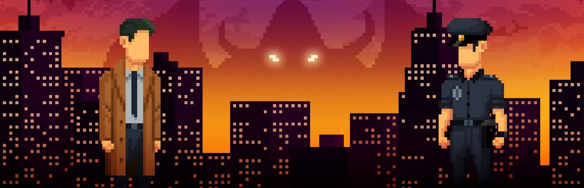 McQueen y Dooley en pixel art, uno a cada lado, ante los rascacielos de Twin Lakes al atardecer y una silueta con ojos en el cielo
