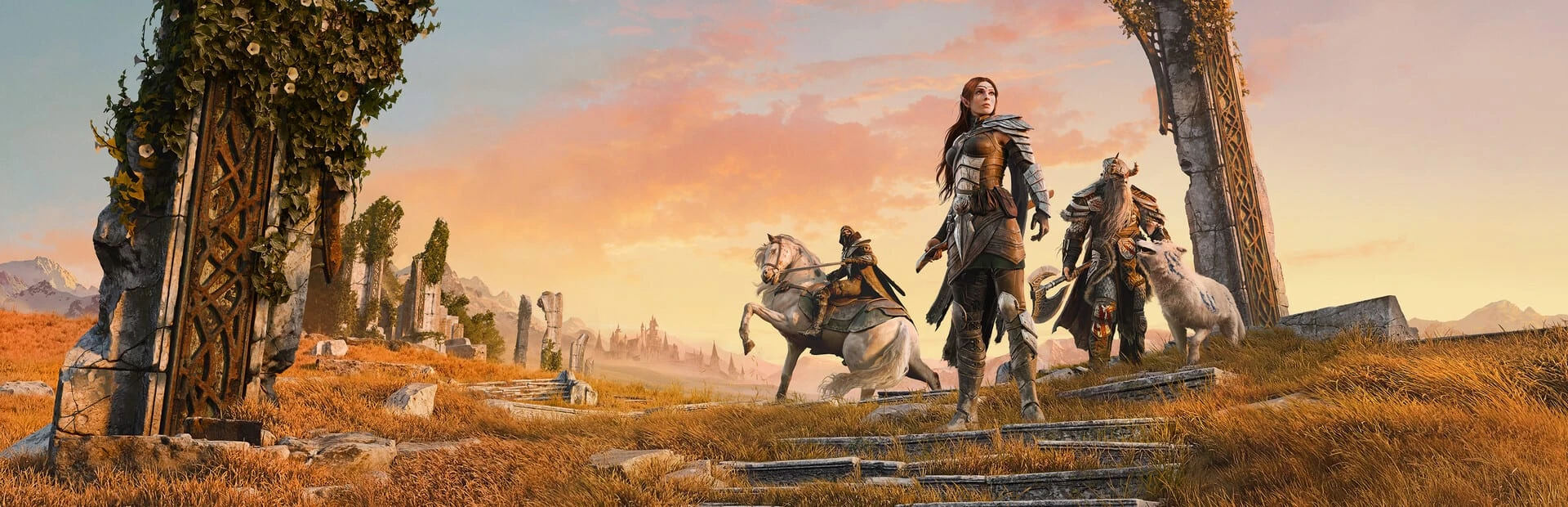 Al atardecer, una elfa sube una escalinata entre ruinas con hiedra, con un jinete en un caballo blanco encabritado y un guerrero con un lobo blanco