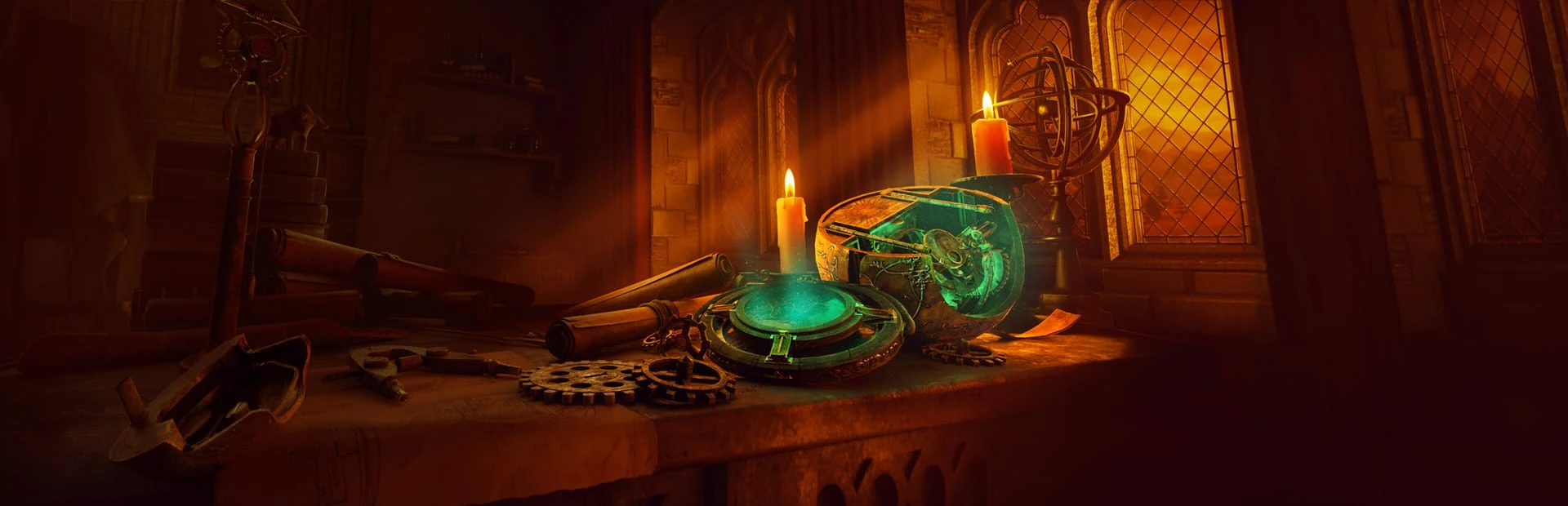 Una mesa de trabajo a la luz de las velas, con engranajes, un disco que brilla en verde y una esfera mecánica abierta, junto a una vidriera