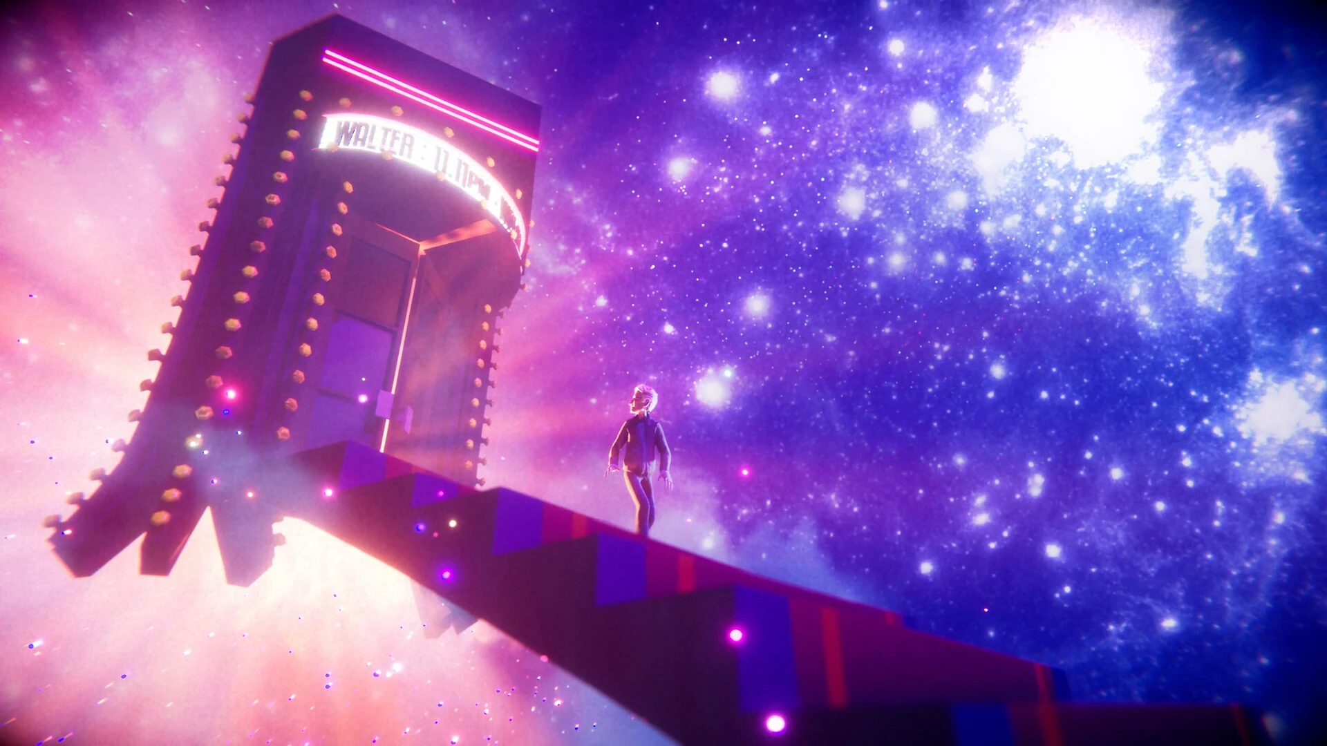 Walter sube por una escalera de colores hacia una puerta con su nombre en luces, en medio de un cielo de estrellas violeta
