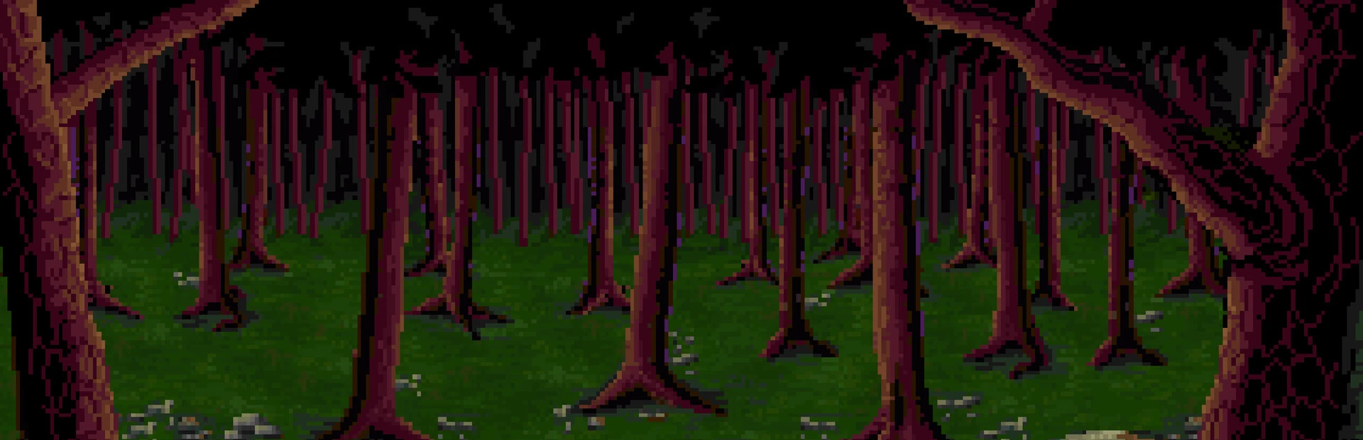 Un bosque en pixel art de troncos rojizos y retorcidos sobre un suelo de hierba verde, sin personajes