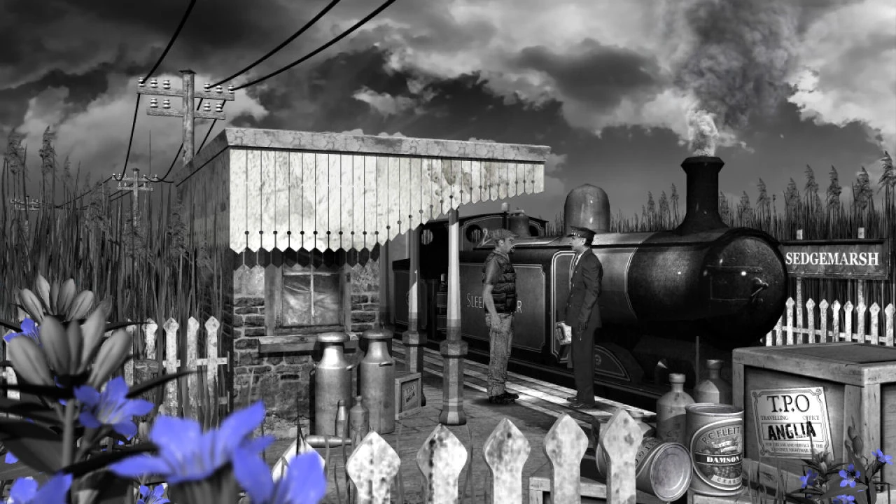 Andén de la estación de Sedgemarsh en blanco y negro, con una locomotora de vapor, un hombre de uniforme hablando con Nigel y flores azules en primer plano