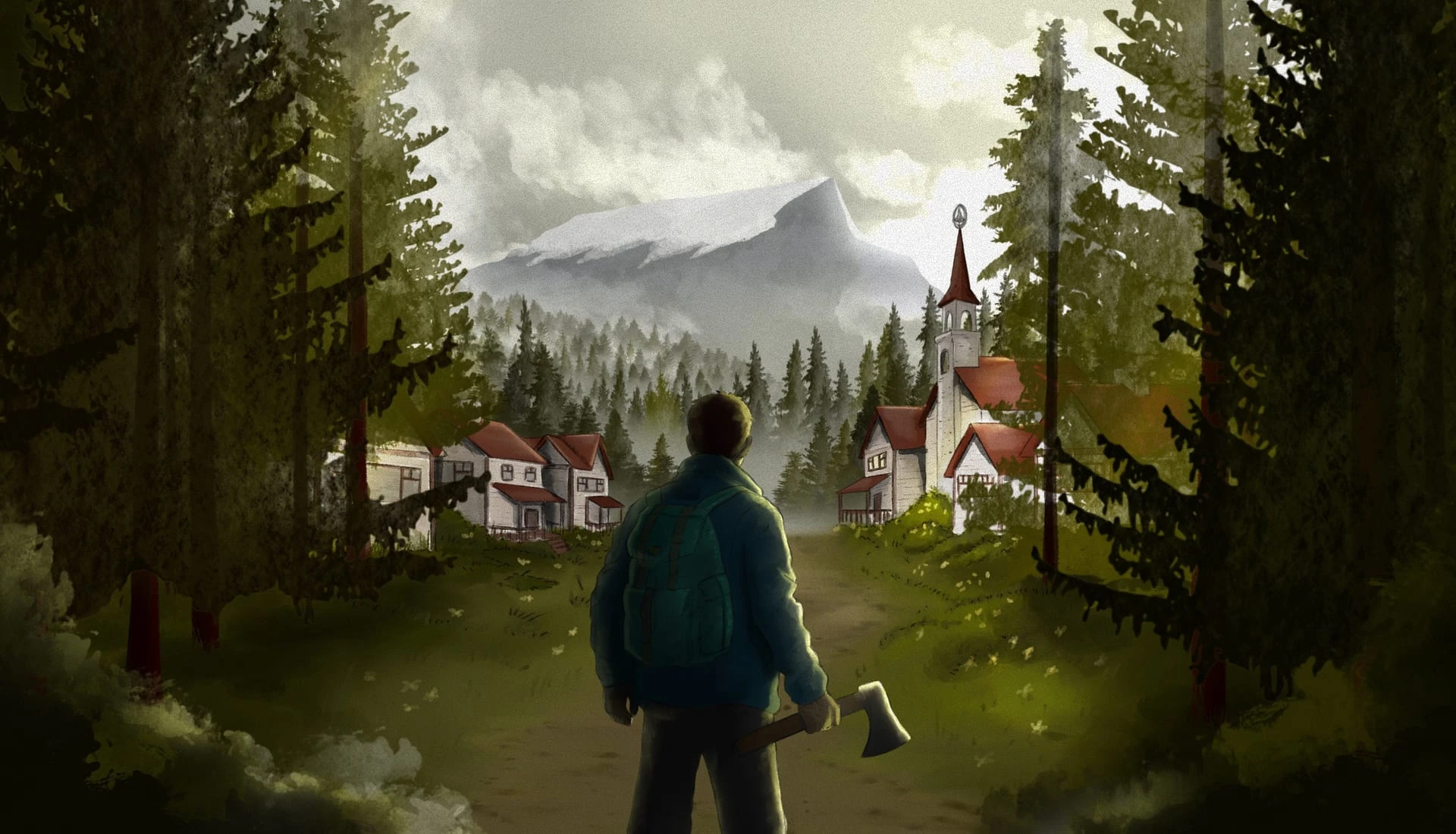 Ilustración de un hombre con mochila y un hacha en un camino del bosque que lleva a un pueblo de casas de tejado rojo y una iglesia