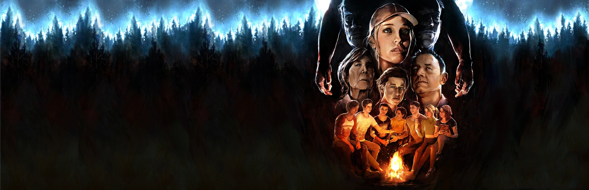 Ilustración con los rostros de los monitores y los adultos del campamento alrededor de una hoguera, sobre un bosque oscuro