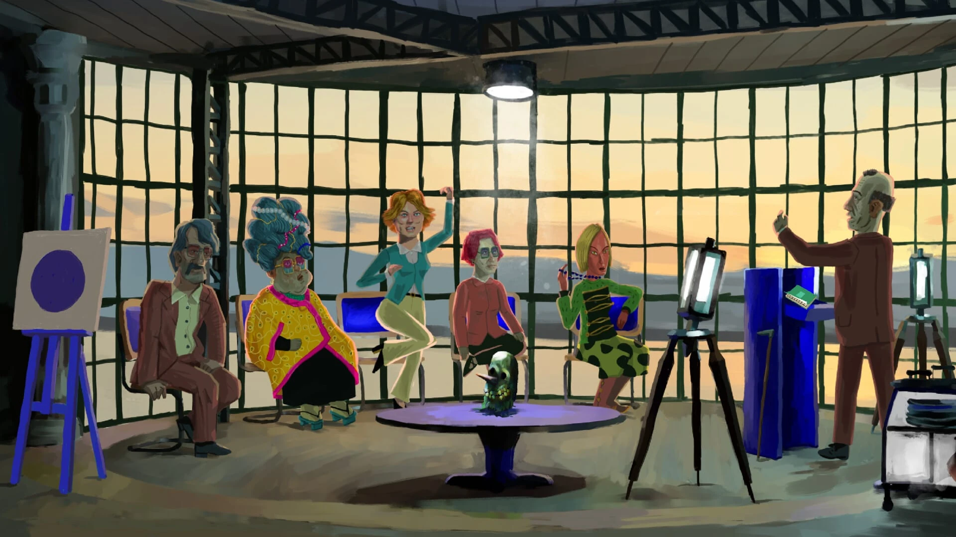 Una sala de paredes de cristal al atardecer; cinco personas en sillas alrededor de una mesa con una máscara, y un hombre de pie junto a un caballete