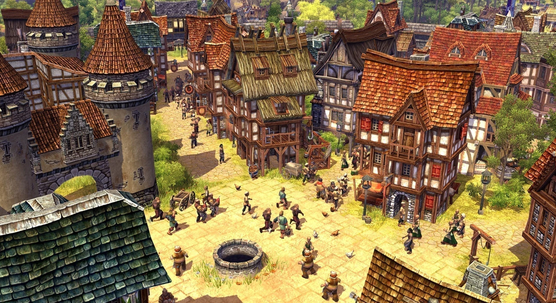 Una plaza empedrada con un pozo, llena de colonos que cargan sacos y cestas entre casas de entramado de madera y las torres del castillo