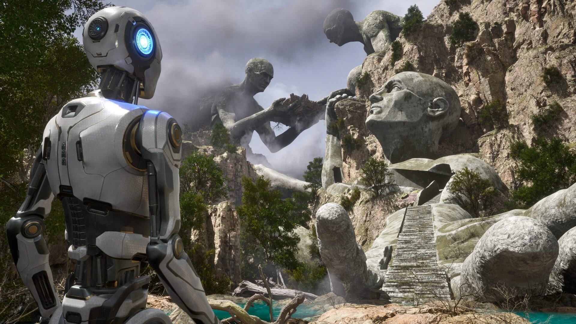 Un androide blanco de ojo azul, de perfil, delante de unas estatuas gigantes de piedra talladas en un acantilado junto al agua