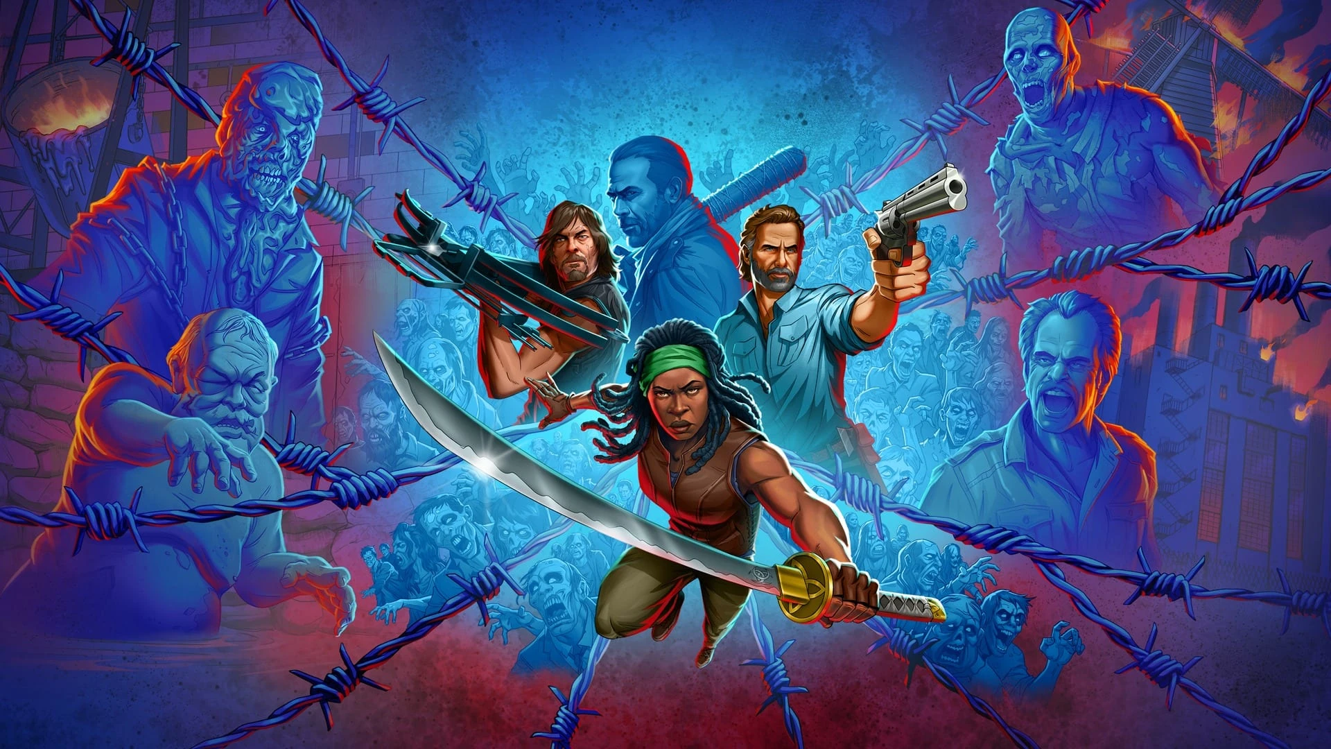 Ilustración promocional: Michonne, Rick, Daryl y Negan en el centro, rodeados de alambre de espino, con caminantes y otros rostros de la serie a los lados