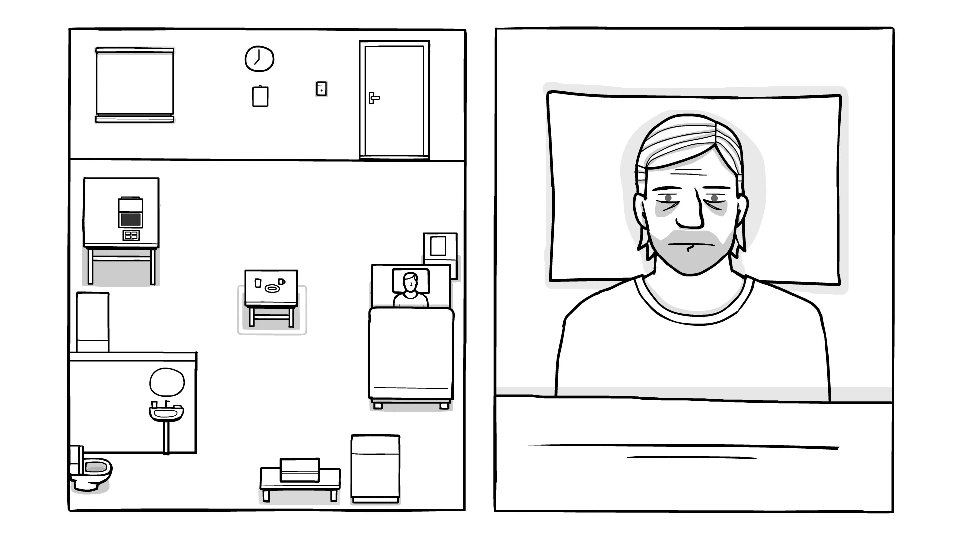 Pantalla partida en blanco y negro: a la izquierda, el plano de una habitación con cama, lavabo y mesa; a la derecha, un hombre ojeroso en la cama