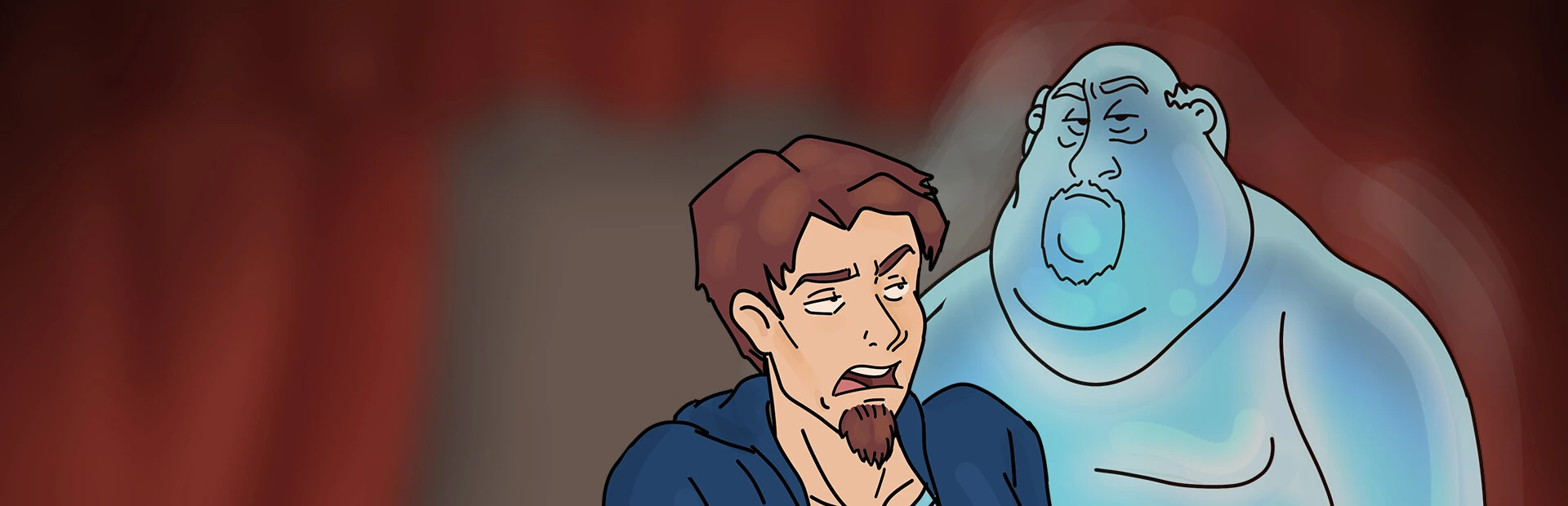 Ilustración: Jack, con barba de pocos días y cara de fastidio, y a su lado un fantasma azul, grande y calvo, que grita con la boca abierta