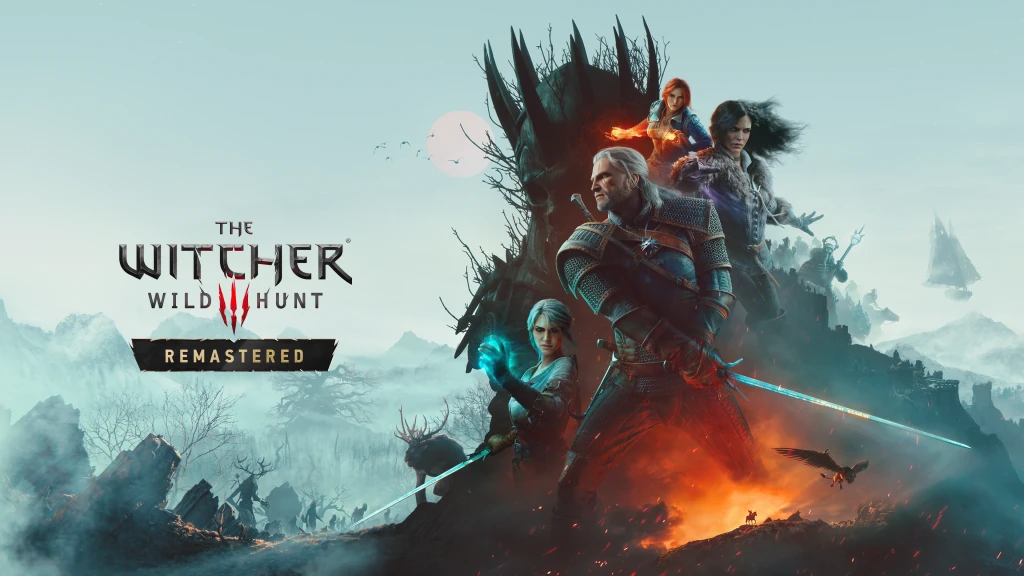 Geralt de Rivia de perfil, con pelo blanco y armadura, recortado contra un cielo anaranjado