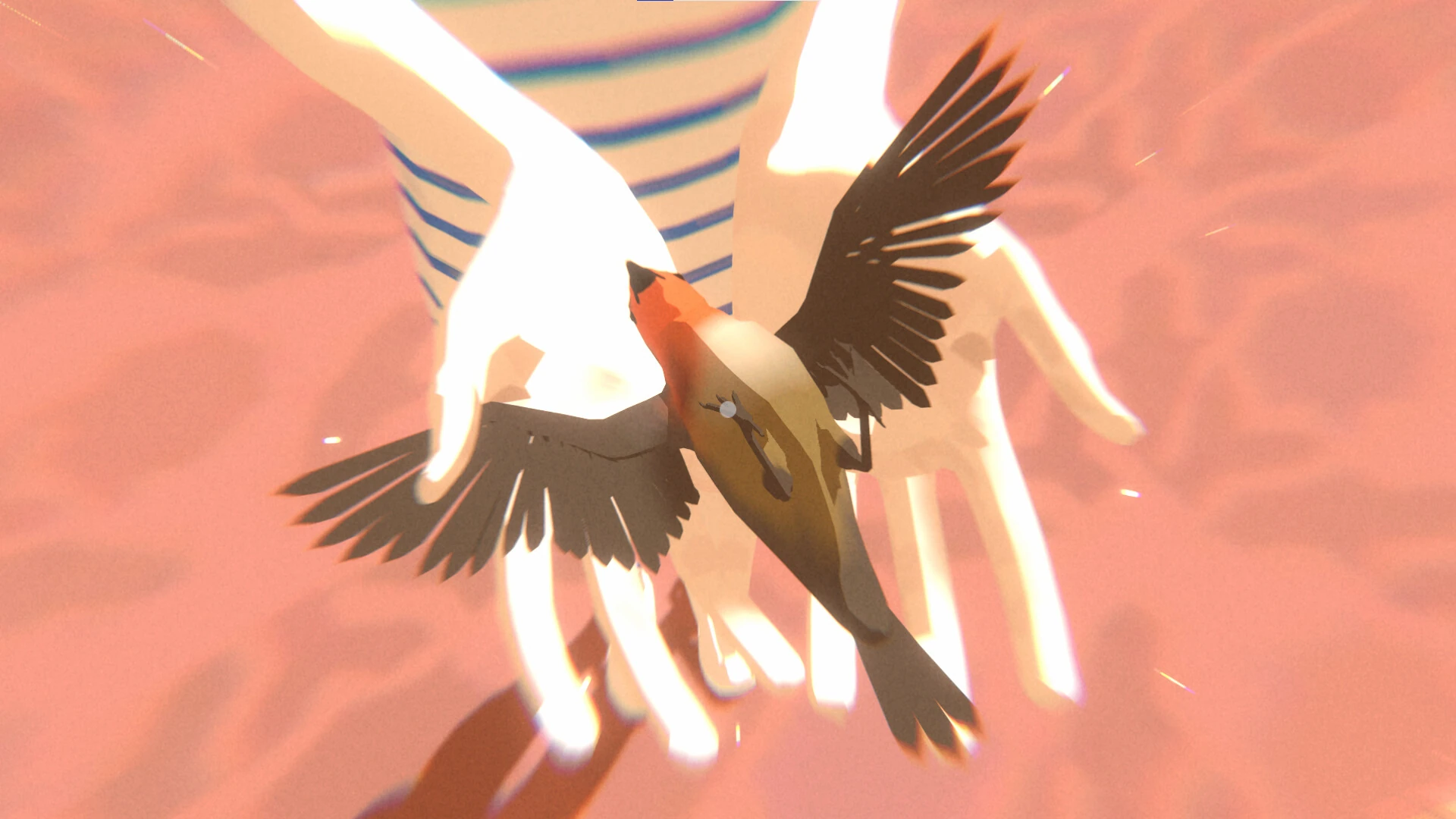 Primer plano de unas manos que sostienen un pájaro con las alas abiertas sobre un fondo rosado
