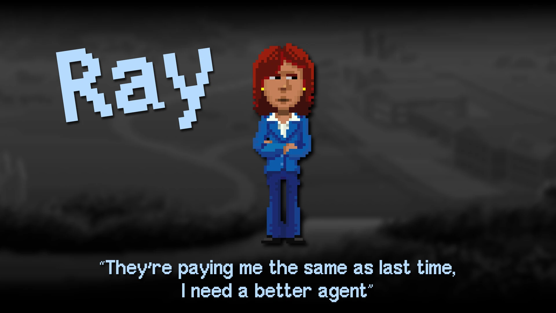 Los agentes Ray y Reyes, de pie en un interior de la mansión, con la paleta de pixel art del original