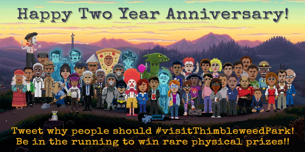 Cartel de bienvenida a Thimbleweed Park, con el nombre del pueblo sobre un paisaje de colinas, fábrica y cielo de atardecer pixelado