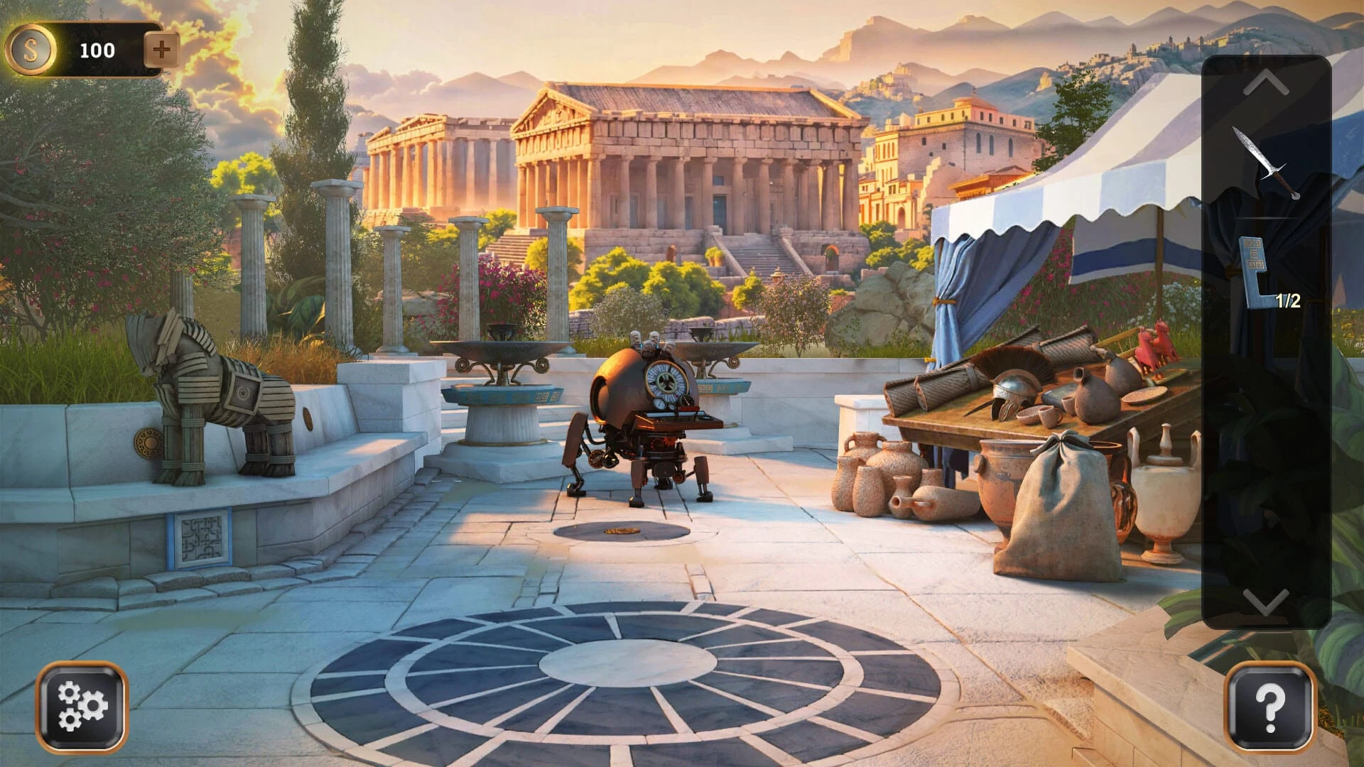 Plaza de mármol al atardecer ante un templo griego, con un caballo de madera, ánforas y la máquina del tiempo con patas en el centro