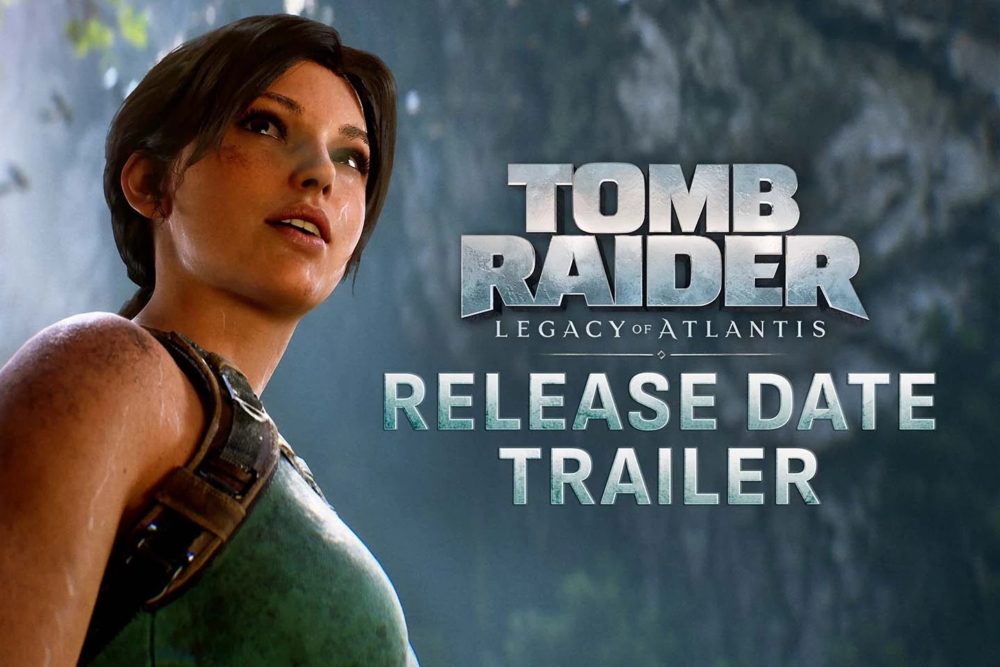 Lara Croft de pie con las dos pistolas, ante ruinas de selva, cascadas y una montaña al fondo