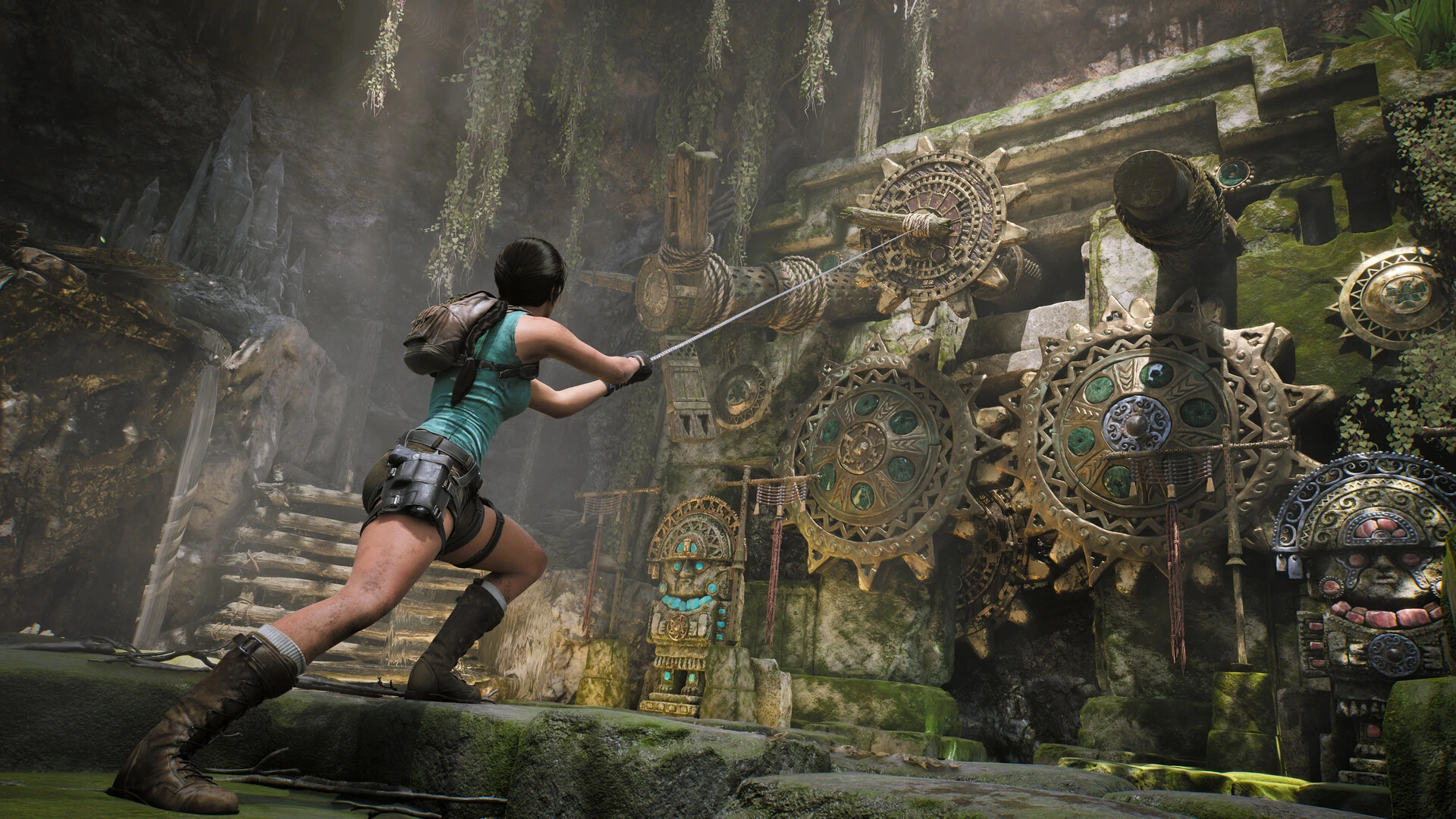 Lara avanza por un valle selvático con ruinas de piedra, agua y vegetación de Unreal Engine 5