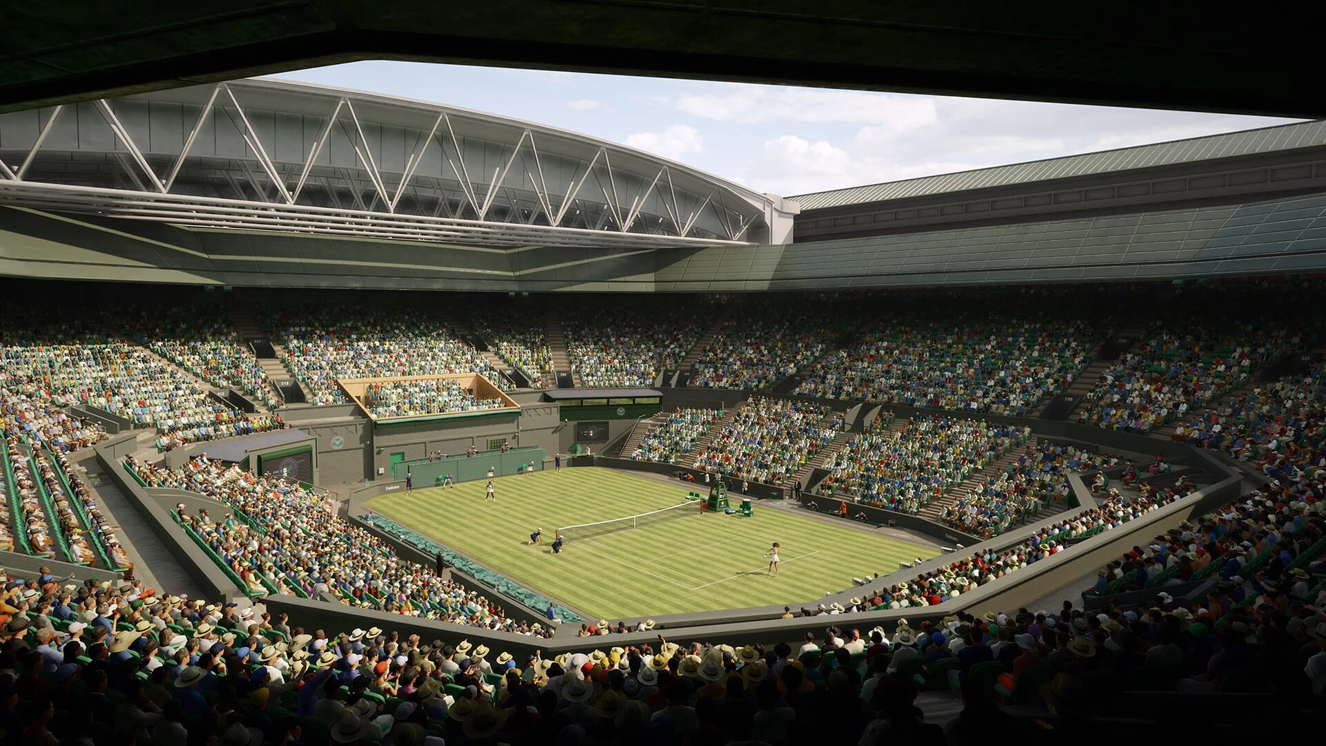 Un gran estadio de tenis con techo retráctil, las gradas llenas y la pista de hierba en el centro, visto desde lo alto