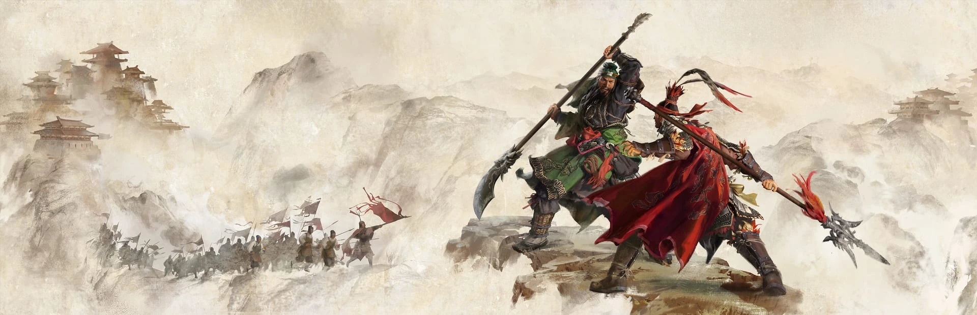 Dos guerreros chocan sus lanzas sobre una roca, a la derecha; a la izquierda, un ejército con estandartes rojos desfila entre montañas y pagodas