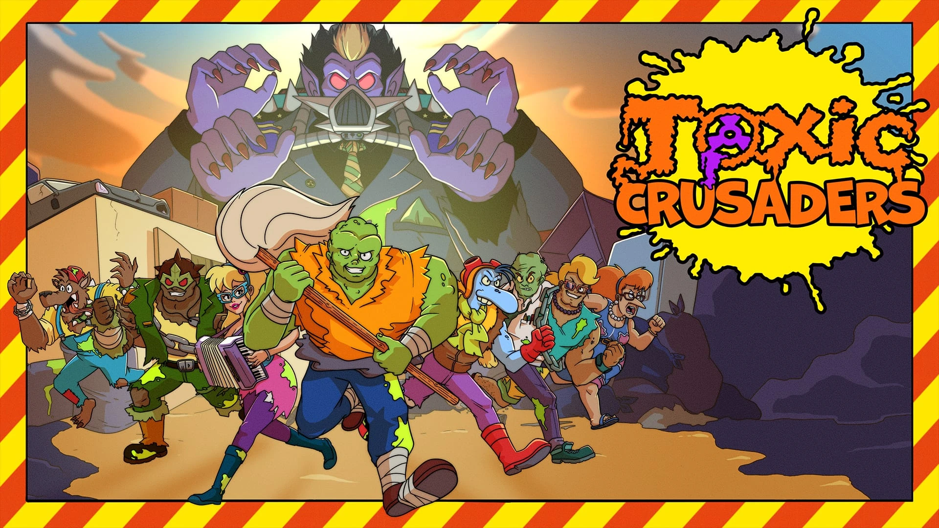 Ilustración de los siete Toxic Crusaders a la carrera, con Toxie y su fregona en el centro y un enorme villano morado con máscara de gas detrás
