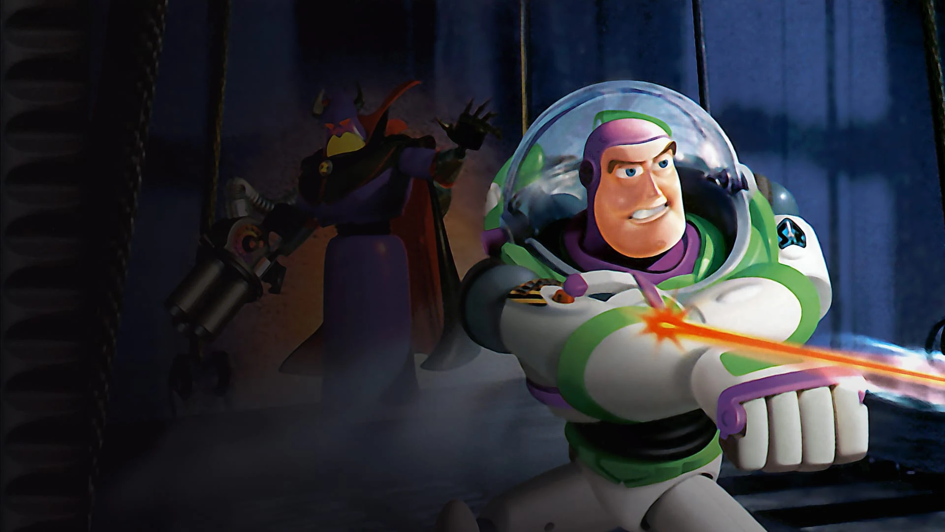 Buzz Lightyear en primer plano disparando el láser, con Zurg en la penumbra del fondo