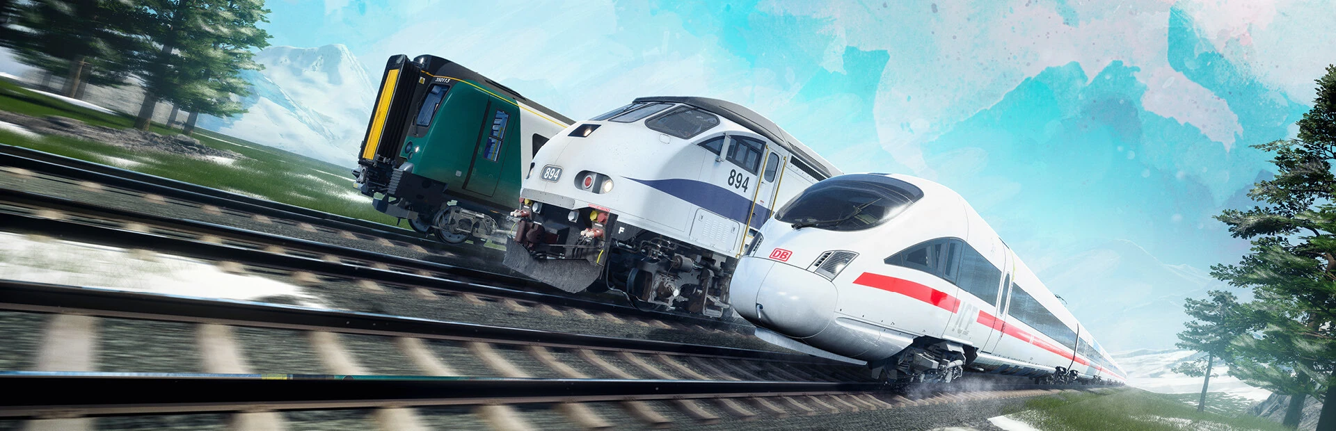 Ilustración de tres trenes en paralelo —uno verde, una locomotora diésel blanca y un ICE blanco con franja roja— sobre vías nevadas