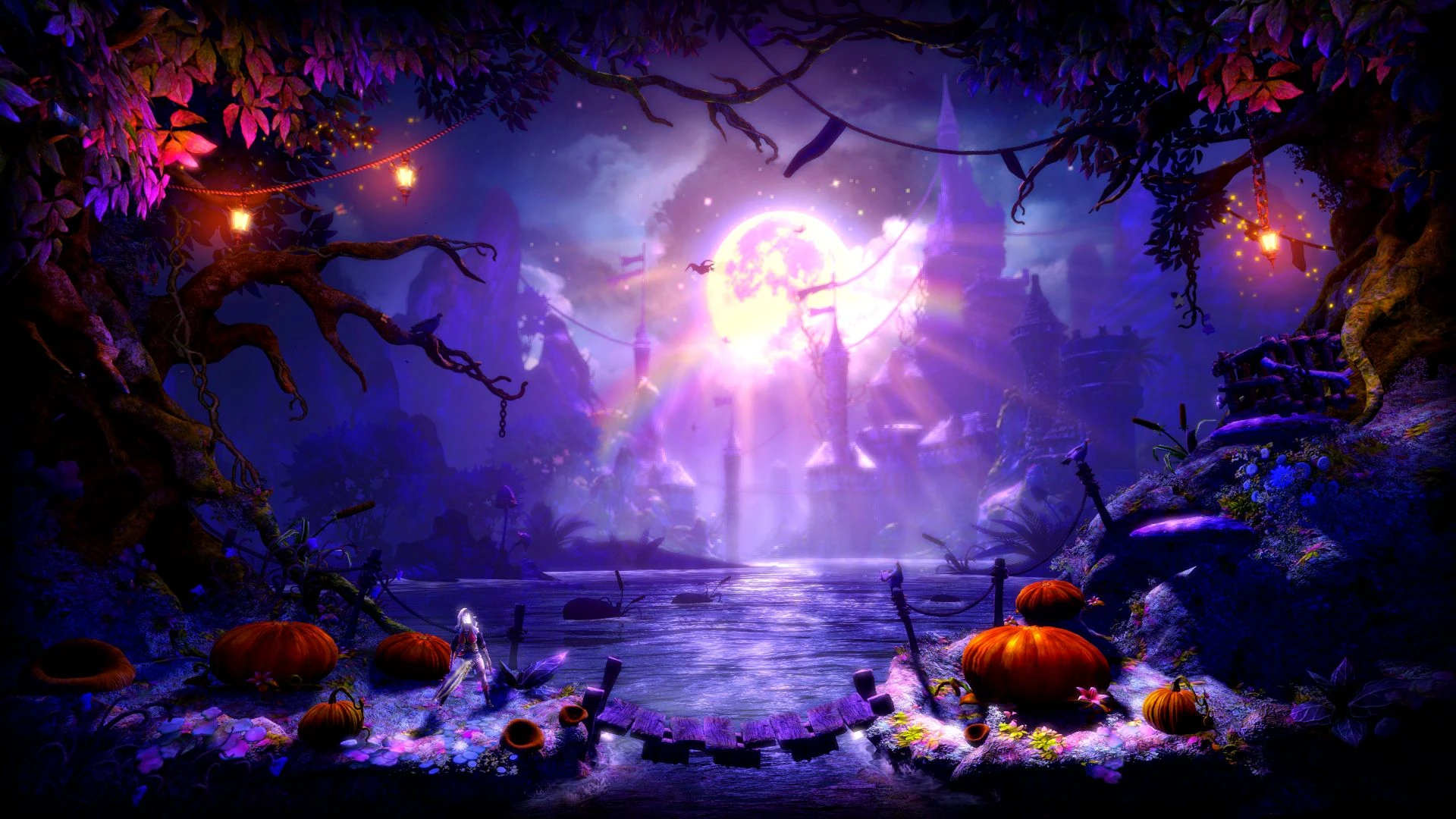 Un lago violeta bajo una luna enorme, con árboles retorcidos, calabazas y luces entre las ramas