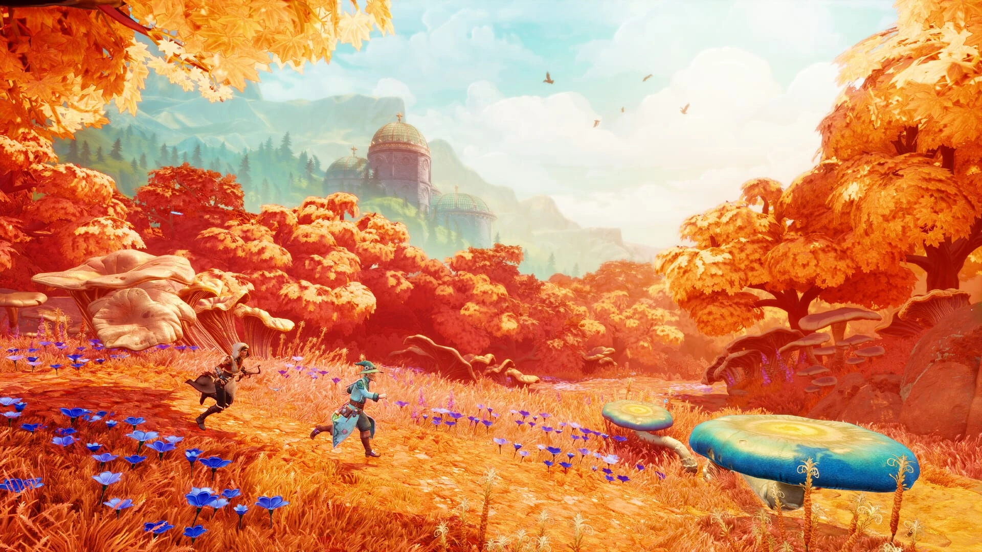 La ladrona y el mago corren por un prado de otoño con flores azules y setas gigantes; al fondo, un edificio con cúpula