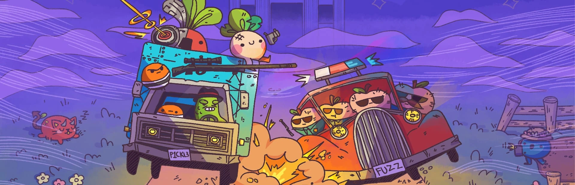 Turnip Boy y su banda de verduras huyen en una furgoneta destartalada, perseguidos por un coche de policía lleno de verduras con gafas de sol