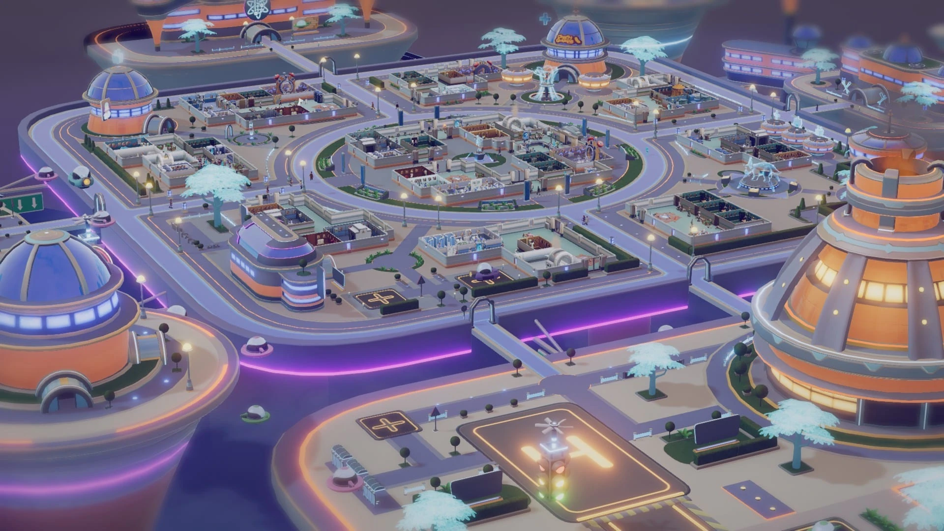 Una ciudad futurista de plataformas circulares iluminadas en violeta, con cúpulas azules, un helipuerto y árboles blancos