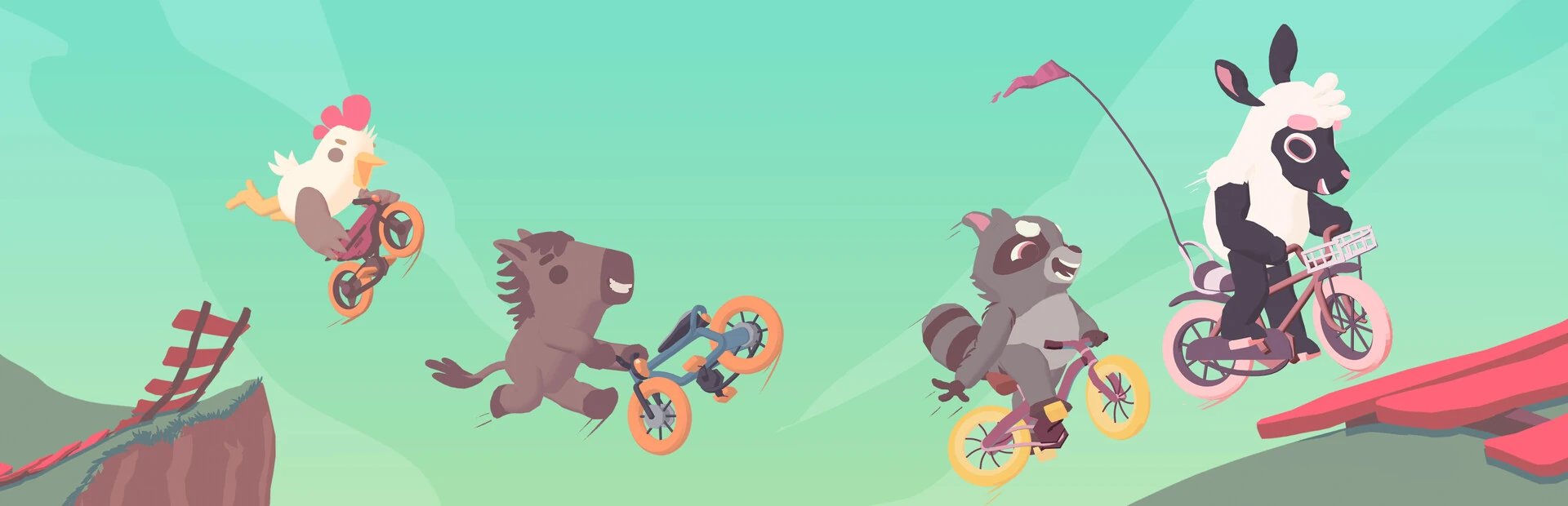 Arte oficial de Ultimate Sheep Raccoon: un pollo, un caballo, un mapache y una oveja saltan en bicicleta sobre un fondo verde agua