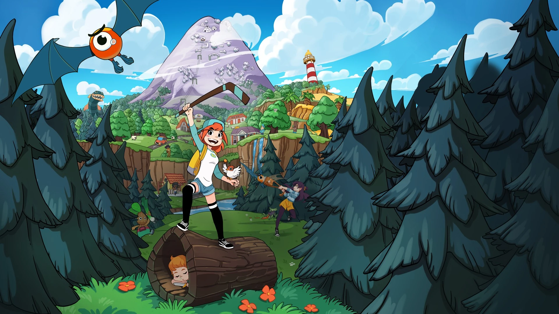 Nia, con gorra y un palo de hockey en alto, sobre un tronco hueco en un bosque de pinos, con la isla, un faro y una montaña al fondo