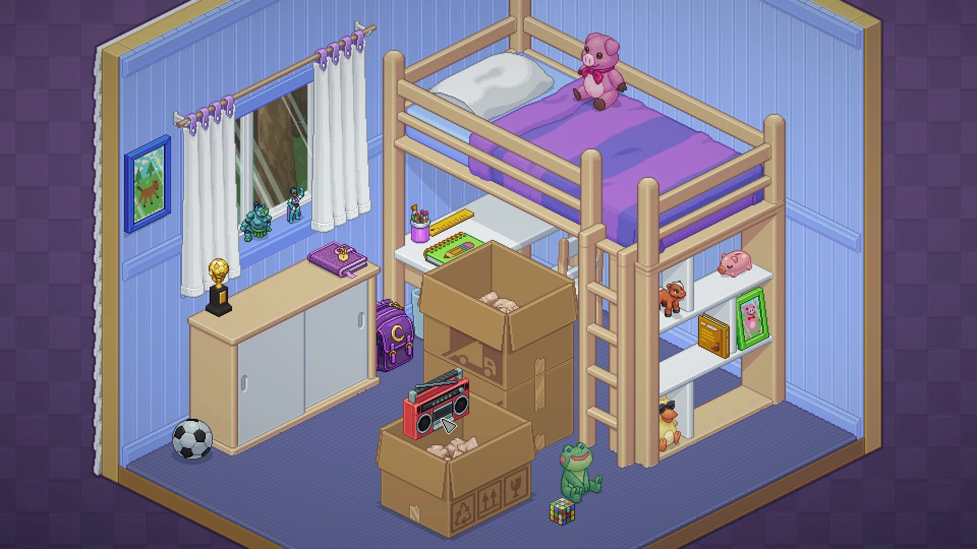 Un dormitorio infantil en pixel art con una litera de madera y sábanas moradas, cajas de mudanza por el suelo, un balón y un peluche rosa